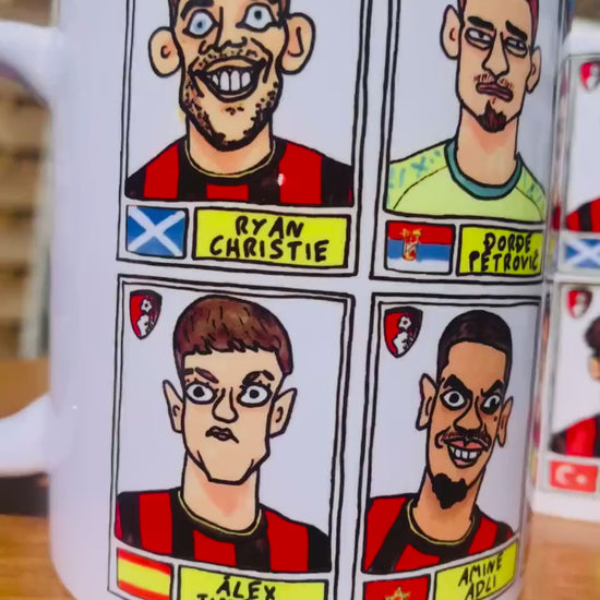 Bournemouth 25/26 - No Score Draws Mug Set - Set of TWO DIFFERENT 11oz Ceramic Mugs with Wonky Panini-style AFCB Cherries Doodles