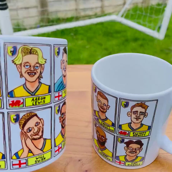 Mansfield Town No Score Draws Mug Set - Set of TWO DIFFERENT 11oz Ceramic Mugs with 24 Wonky Doodles of MTFC's 23/24 Promotion Winners