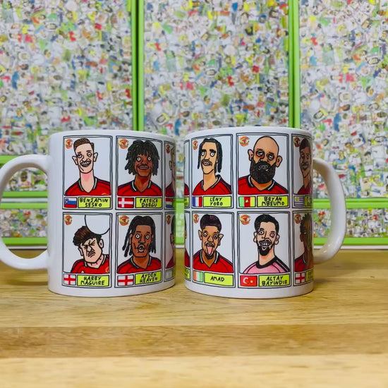 Man Utd 25/26 No Score Draws Mug Set - Set of TWO DIFFERENT 11oz Ceramic Mugs with Wonky Panini-style MUFC Doodles Of Manchester United