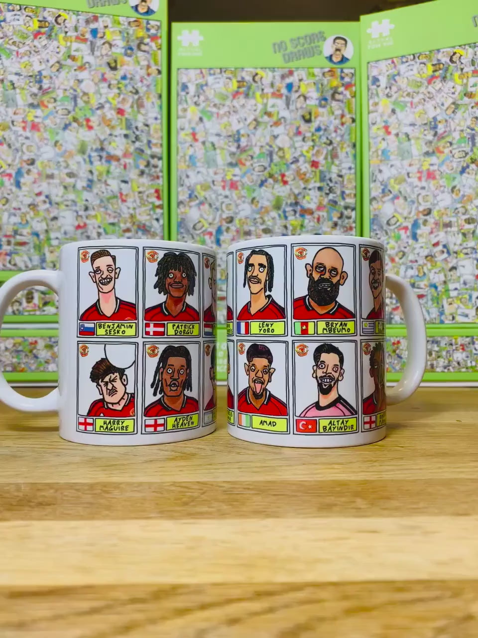 Man Utd 25/26 No Score Draws Mug Set - Set of TWO DIFFERENT 11oz Ceramic Mugs with Wonky Panini-style MUFC Doodles Of Manchester United