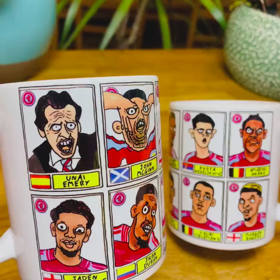 Aston Villa Emery 24-25 No Score Draws Mug Set - Set of TWO DIFFERENT 11oz Ceramic Mugs with Wonky Panini-style AVFC Doodles Of Emery & Co