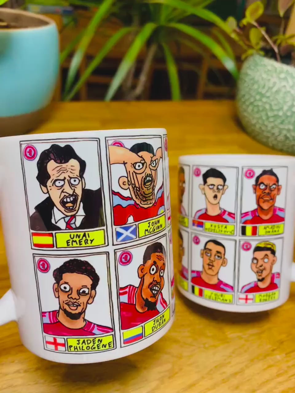 Aston Villa Emery 24-25 No Score Draws Mug Set - Set of TWO DIFFERENT 11oz Ceramic Mugs with Wonky Panini-style AVFC Doodles Of Emery & Co