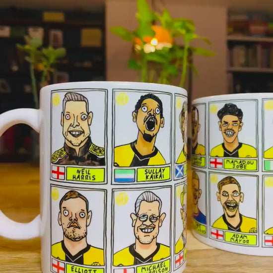 Cambridge Utd Vol 2 - U's Going Up No Score Draws Mug Set - Set of TWO DIFFERENT 11oz Ceramic Mugs with Wonky CUFC 25/26 Promotion Doodles