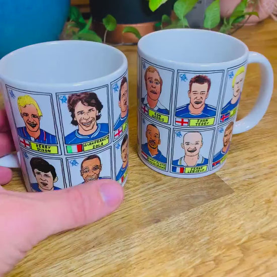 Chelsea No Score Draws Mug Set - Set of TWO 11oz Ceramic Mugs with Wonky Panini sticker-style No Score Draws Doodles of Chelsea icons