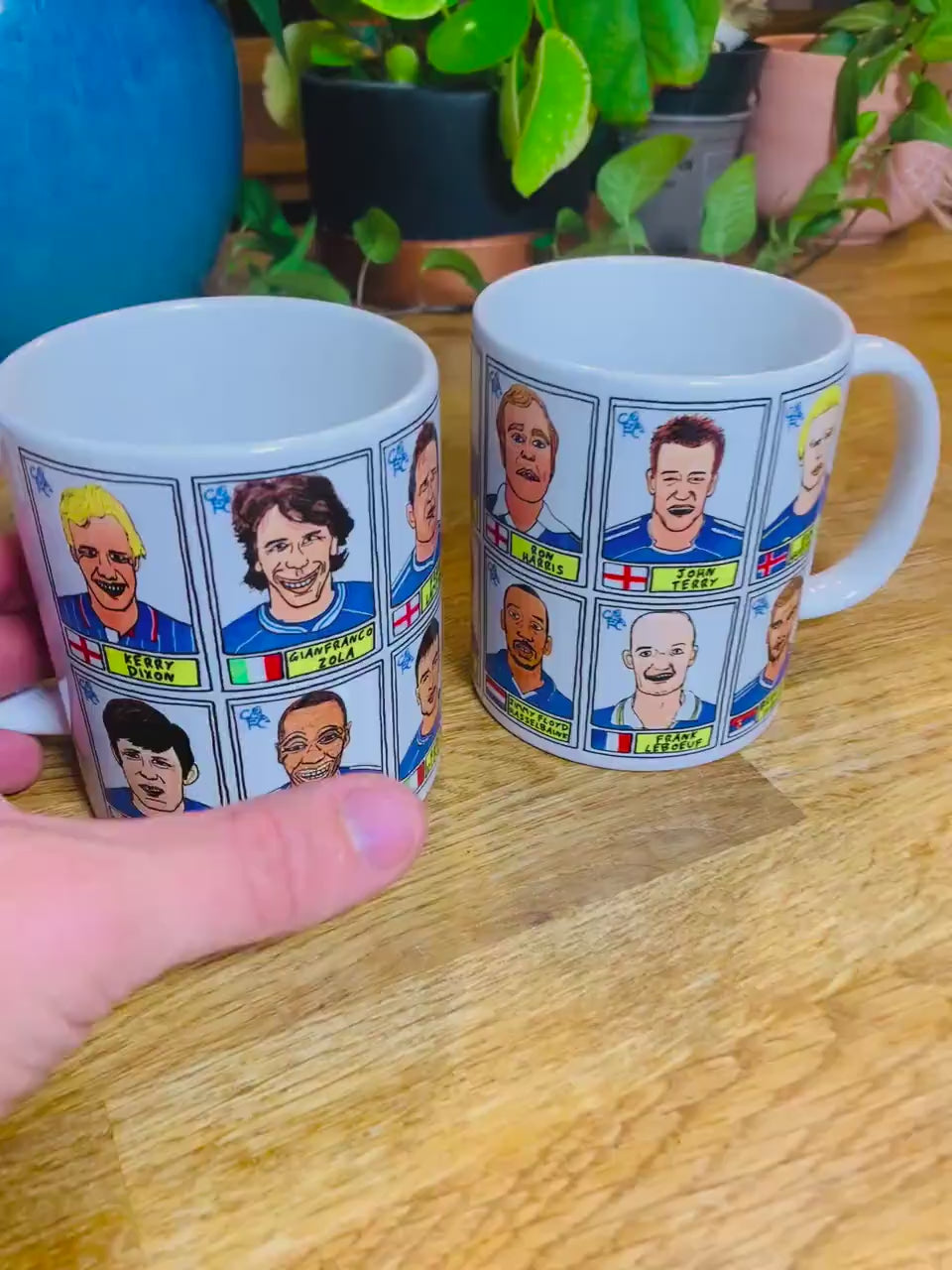 Chelsea No Score Draws Mug Set - Set of TWO 11oz Ceramic Mugs with Wonky Panini sticker-style No Score Draws Doodles of Chelsea icons