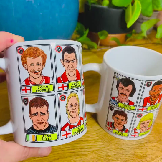 Sheffield United No Score Draws Mug Set - Set of TWO 11oz Ceramic Mugs with Wonky Panini sticker-style Blades SUFC No Score Draws Doodles