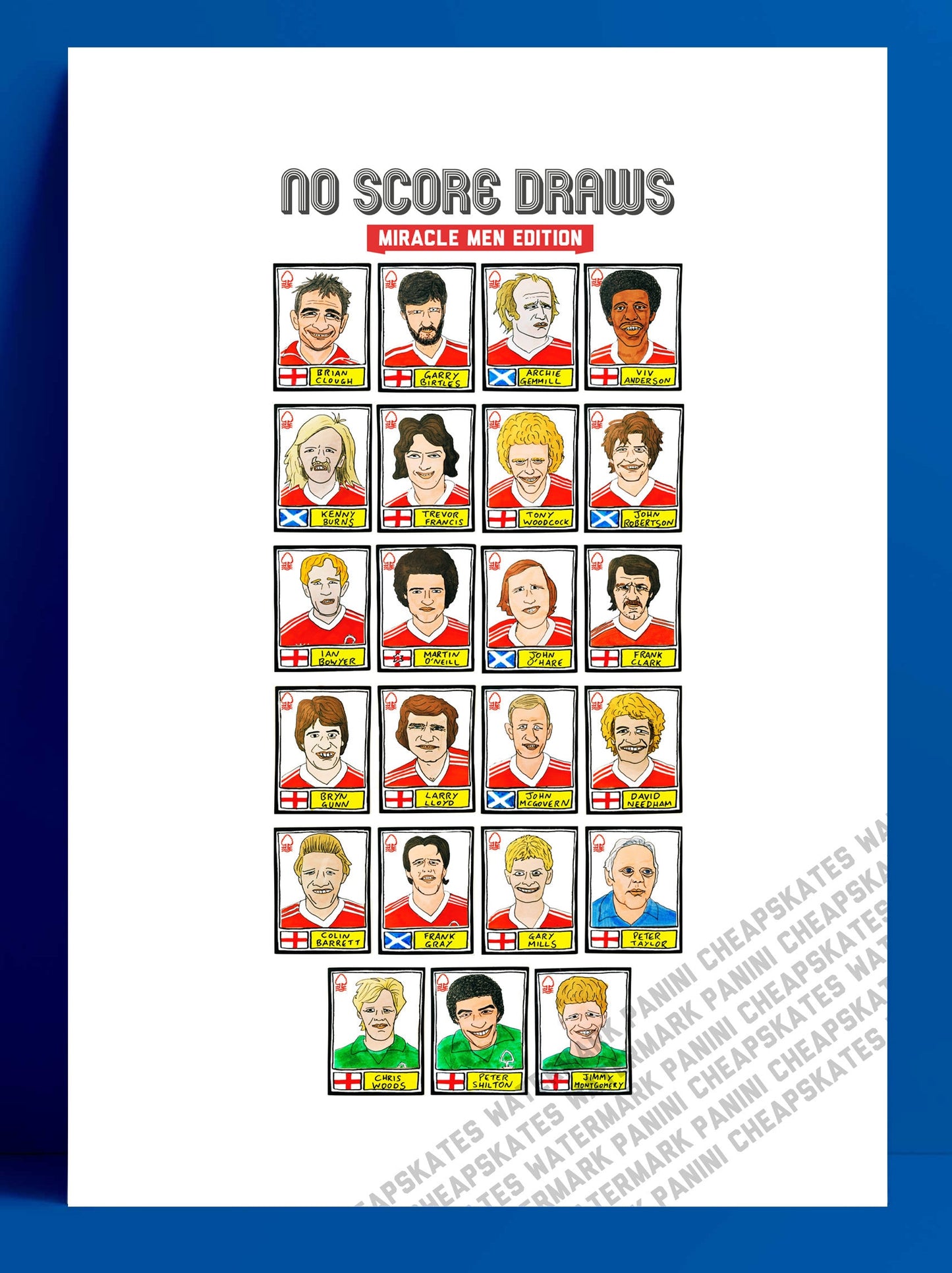 Nottingham Forest Vol 1 - No Score Draws Miracle Men Edition - A3 print of 23 hand-drawn Panini-sticker-style Forest icons from 1977-1980