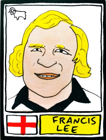 Derby County Vol 1 - No Score Draws Baseball Ground Edition - A3 print of 24 hand-drawn Panini-sticker-style Derby icons from 1971-1975