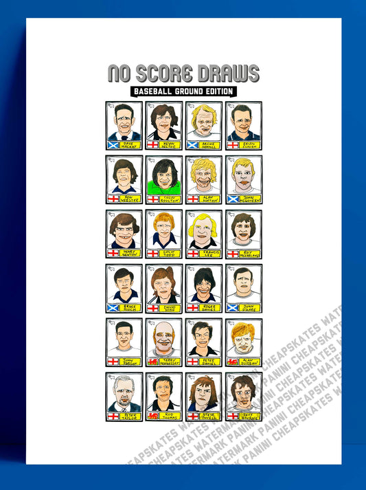 Derby County Vol 1 - No Score Draws Baseball Ground Edition - A3 print of 24 hand-drawn Panini-sticker-style Derby icons from 1971-1975