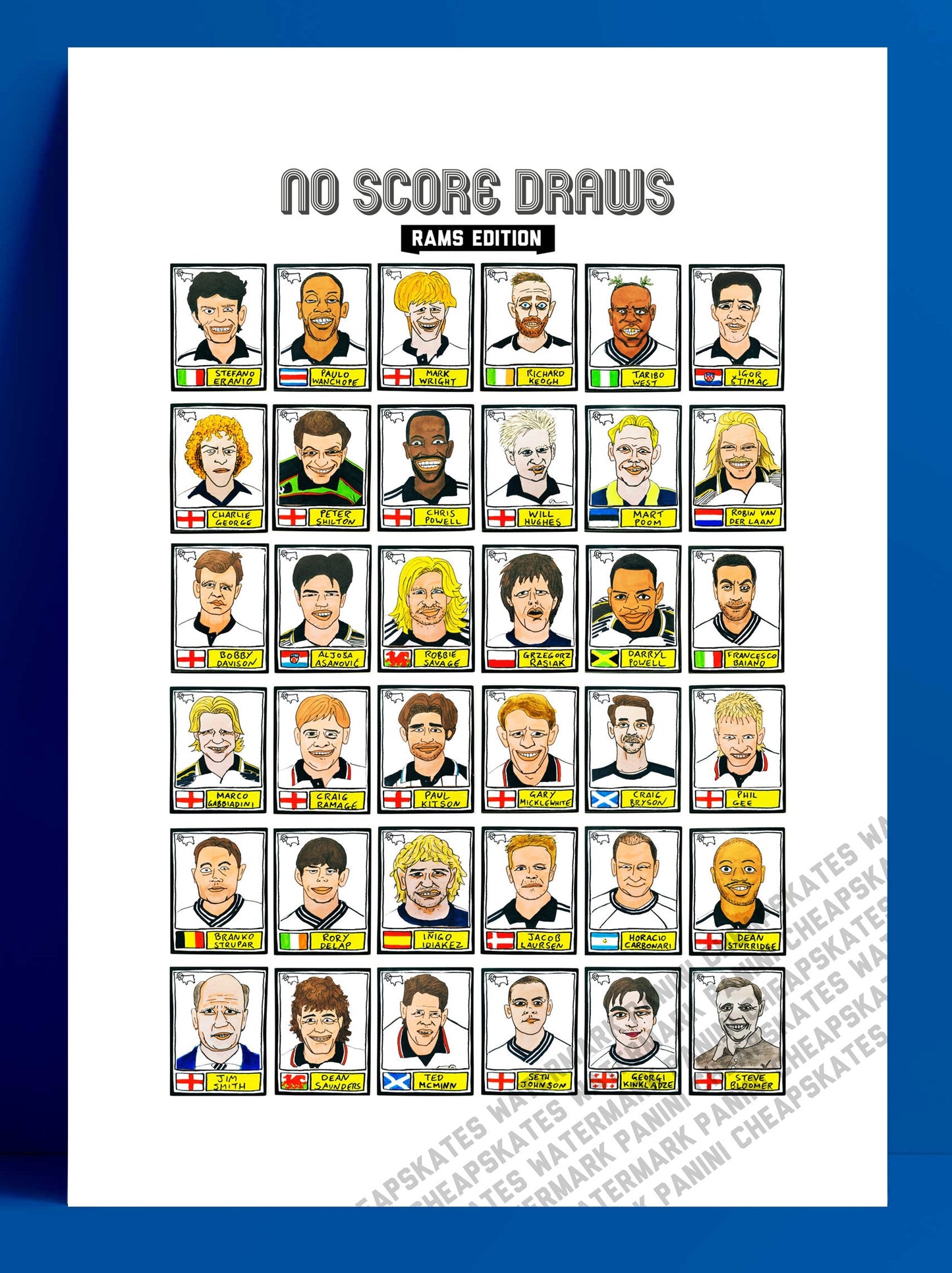 Derby County Vol 2 - No Score Draws Rams Edition - A3 print of 36 hand-drawn Panini-sticker-style Derby County icons from down the years