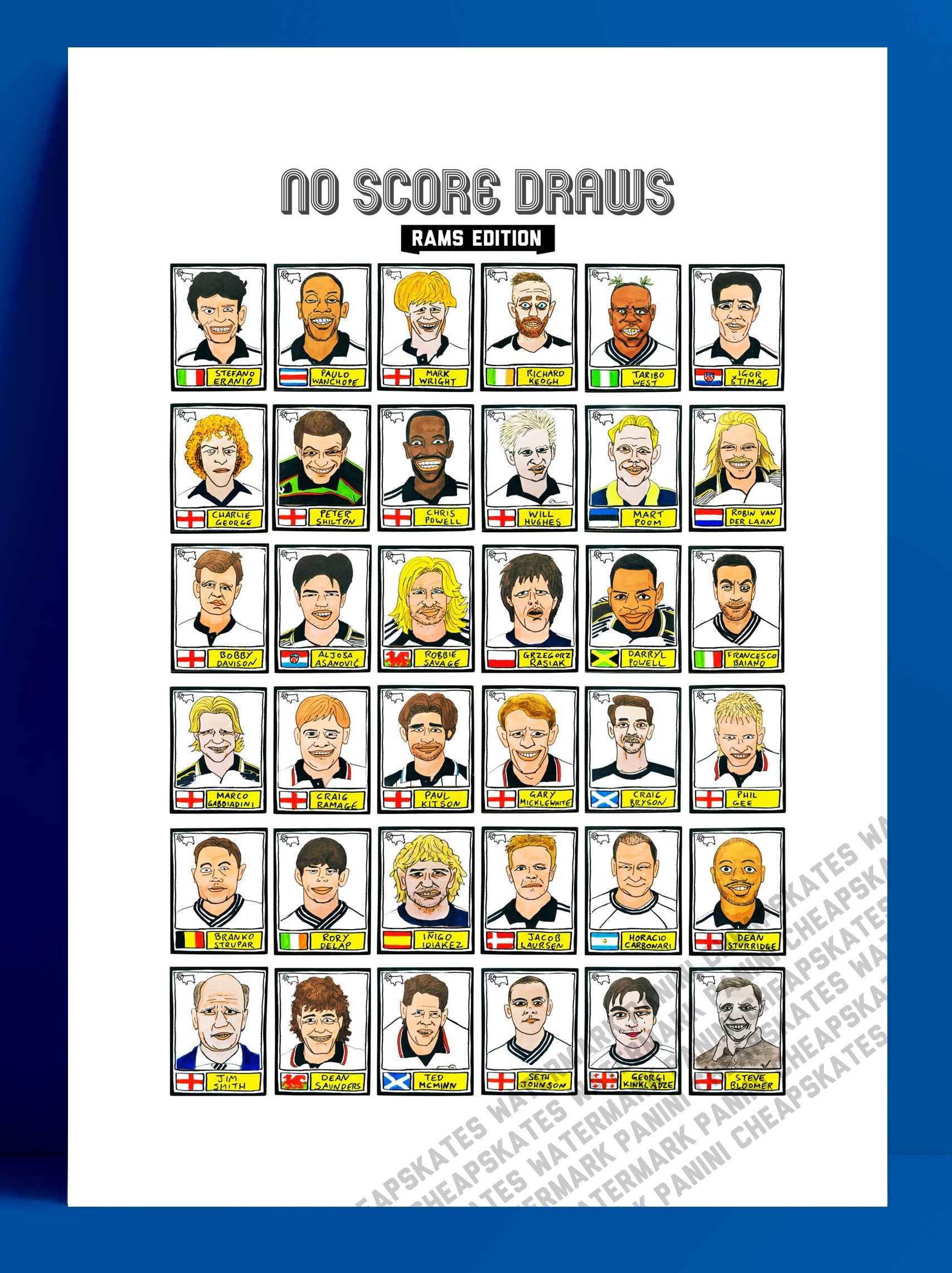 Derby County Vol 2 - No Score Draws Rams Edition - A3 print of 36 hand-drawn Panini-sticker-style Derby County icons from down the years