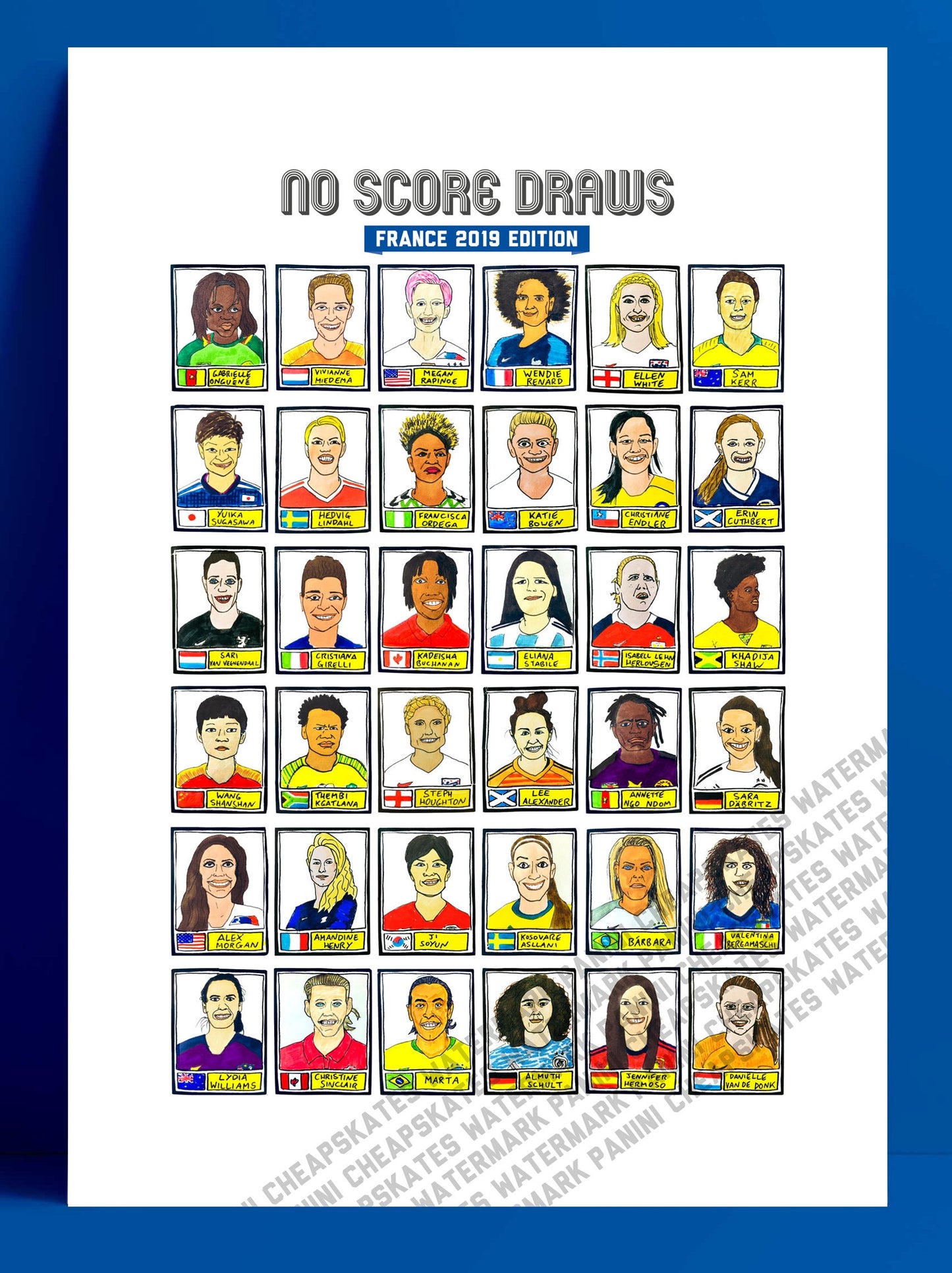 Women's World Cup 2019 - No Score Draws France 2019 Edition - A3 print of 36 hand-drawn Panini-style WWC2019 Cheapskate football stickers