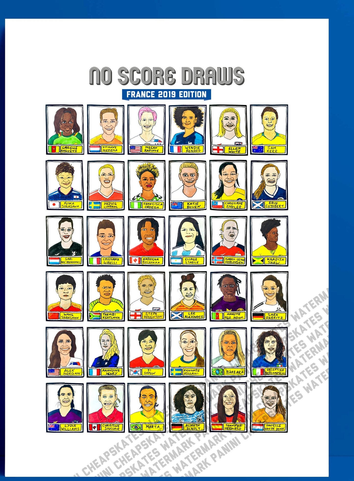 Women's World Cup 2019 - No Score Draws France 2019 Edition - A3 print of 36 hand-drawn Panini-style WWC2019 Cheapskate football stickers