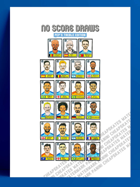 Man City Volume 1 - No Score Draws Pep's Treble Edition - A3 print of 23 hand-drawn Panini-style footy stickers of City's 18-19 Treble squad