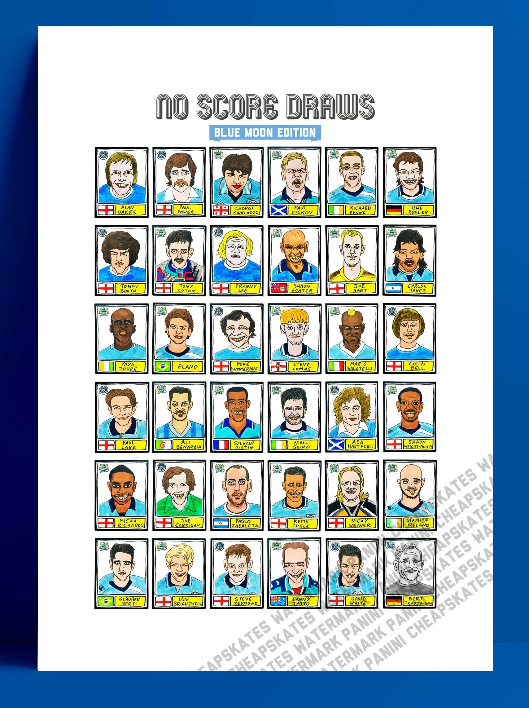 Man City Volume 2 - No Score Draws Blue Moon Edition - A3 print of 36 hand-drawn Panini-style footy cheapskate doodles of various MCFC icons