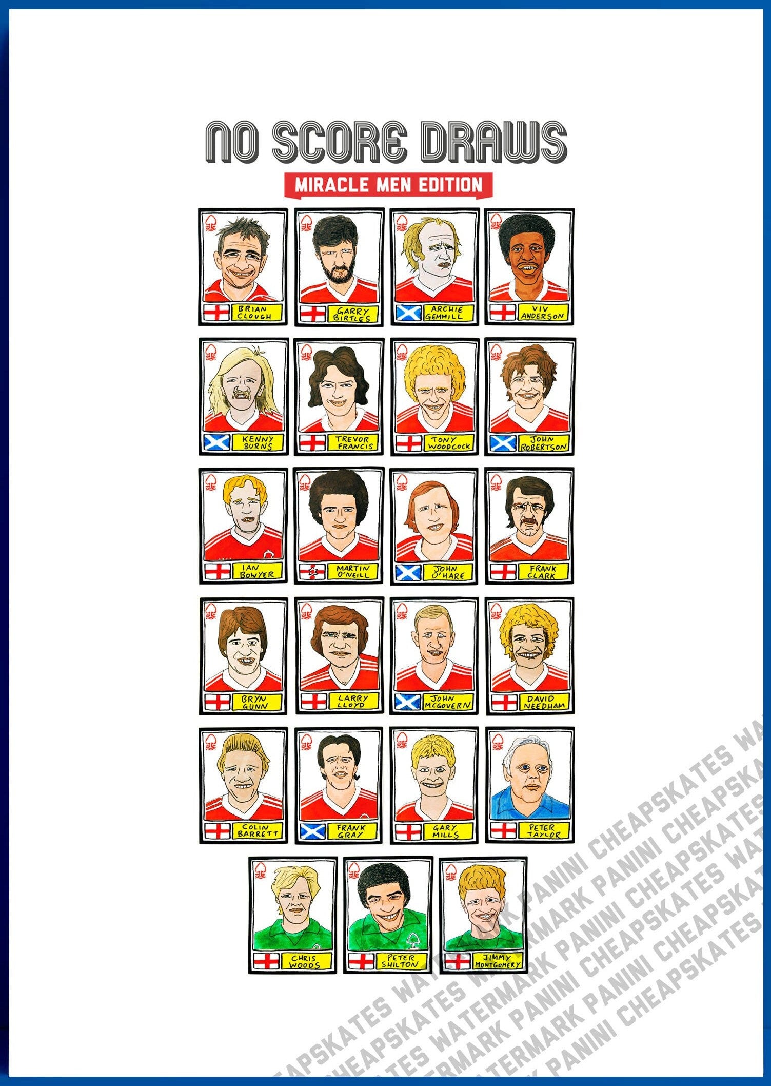 Nottingham Forest Vol 1 - No Score Draws Miracle Men Edition - A3 print of 23 hand-drawn Panini-sticker-style Forest icons from 1977-1980