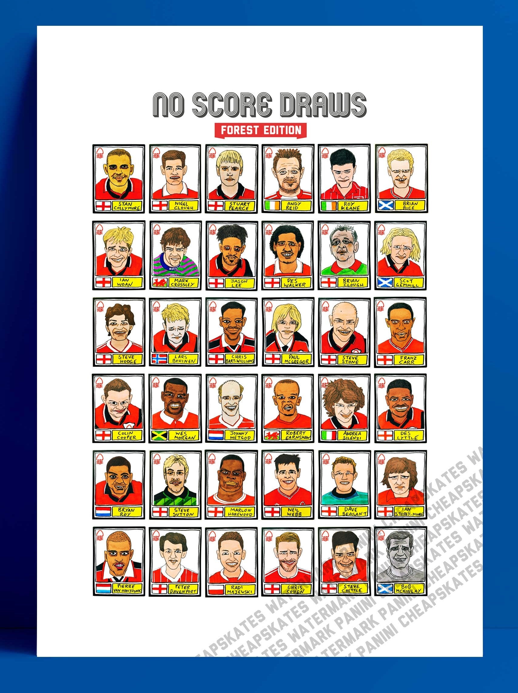 Nottingham Forest Vol 2 - No Score Draws Forest Edition - A3 print of 36 hand-drawn Panini-style NFFC Icons - Cheapskate football art