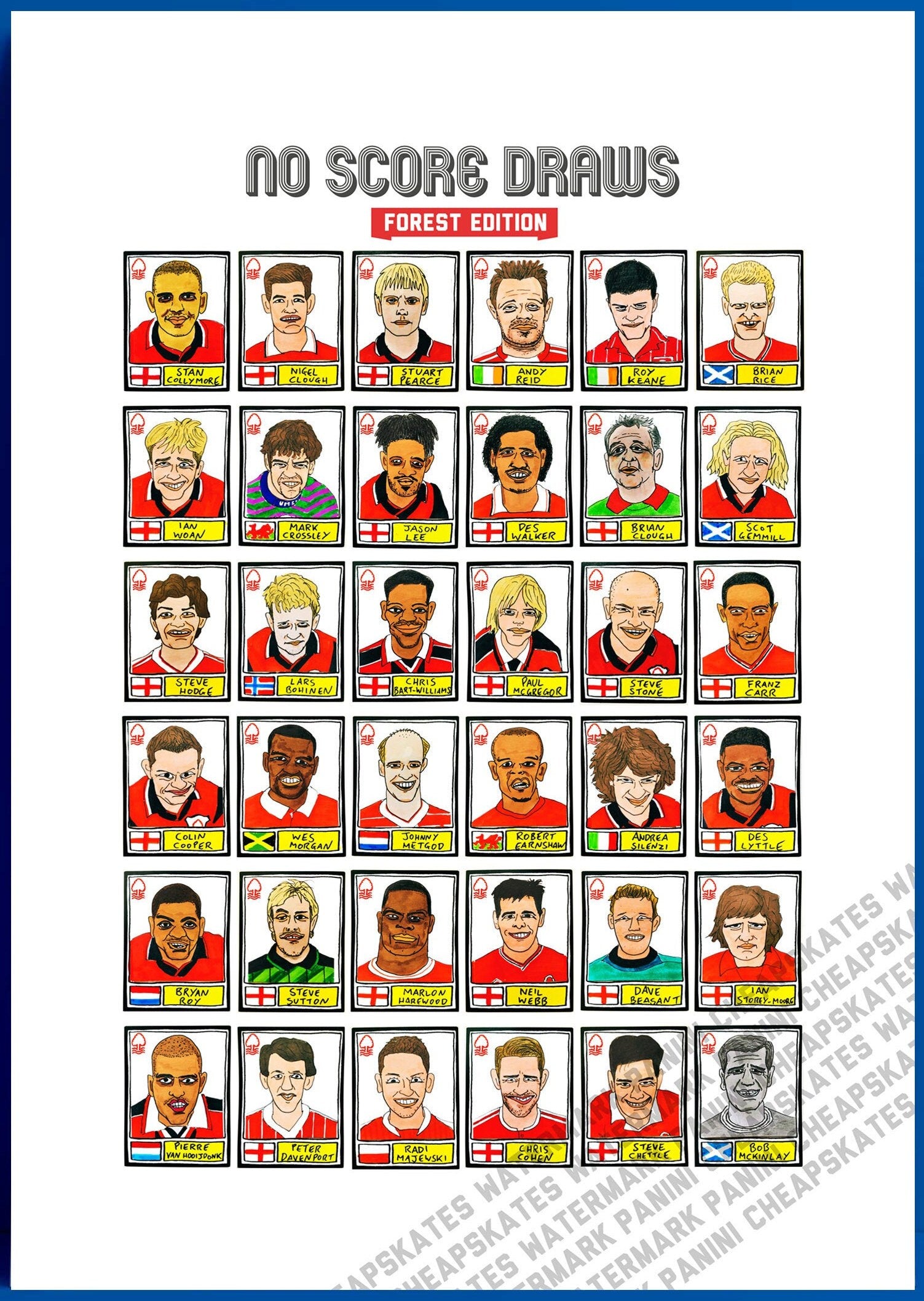 Nottingham Forest Vol 2 - No Score Draws Forest Edition - A3 print of 36 hand-drawn Panini-style NFFC Icons - Cheapskate football art