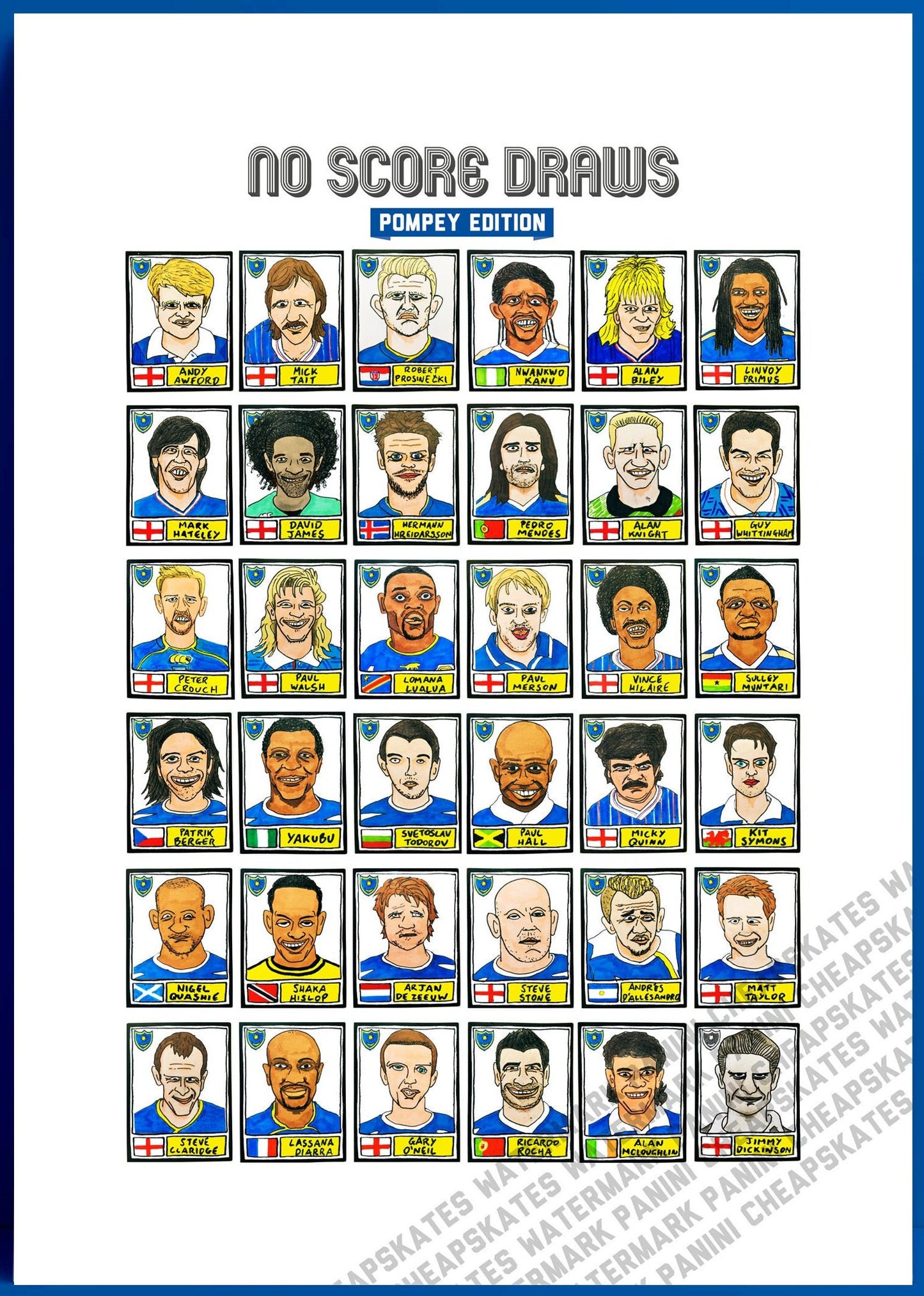 Portsmouth - No Score Draws Pompey Edition - A3 print of 36 hand-drawn Panini-sticker-style Pompey icons - Cheapskate football art