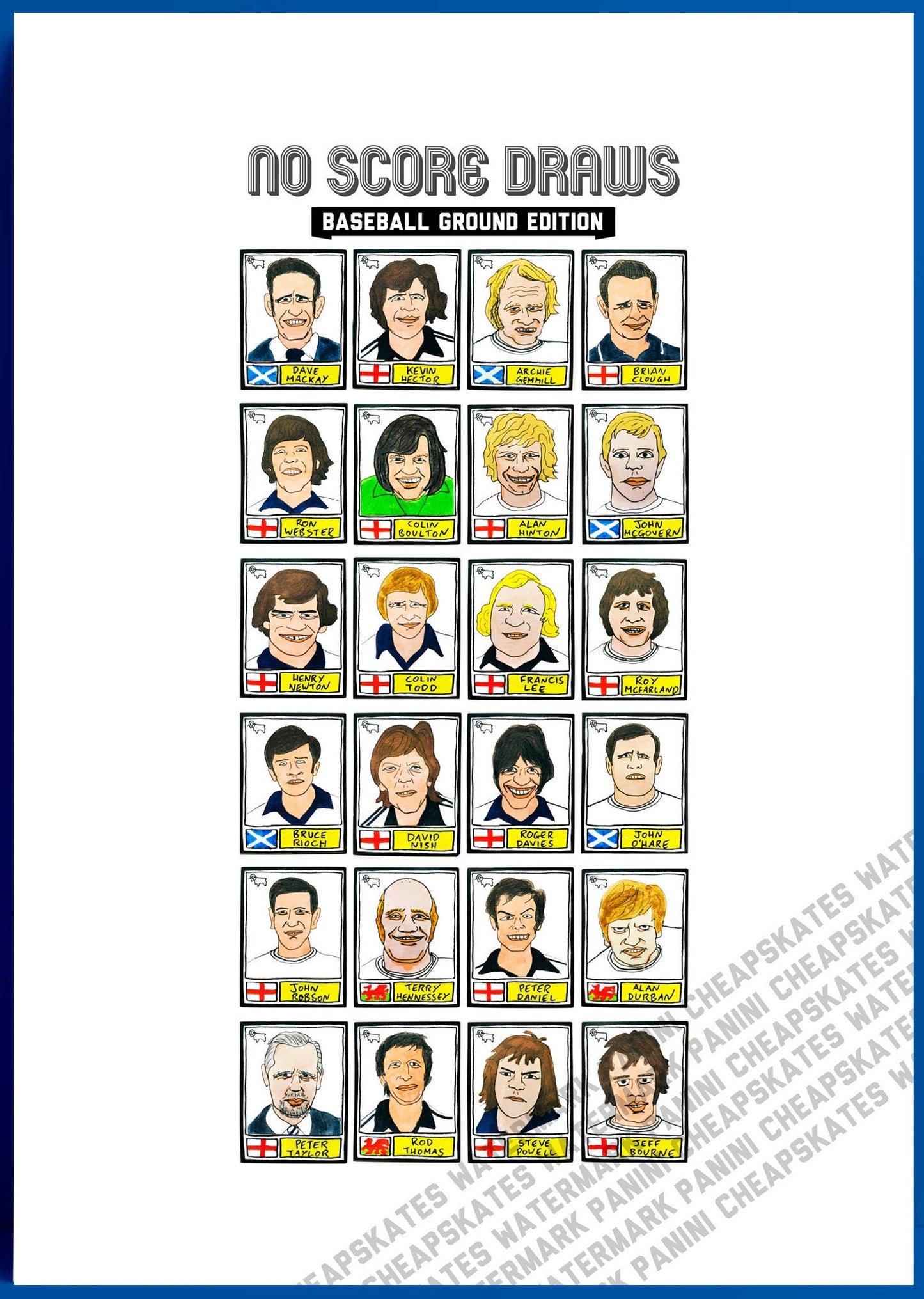 Derby County Vol 1 - No Score Draws Baseball Ground Edition - A3 print of 24 hand-drawn Panini-sticker-style Derby icons from 1971-1975