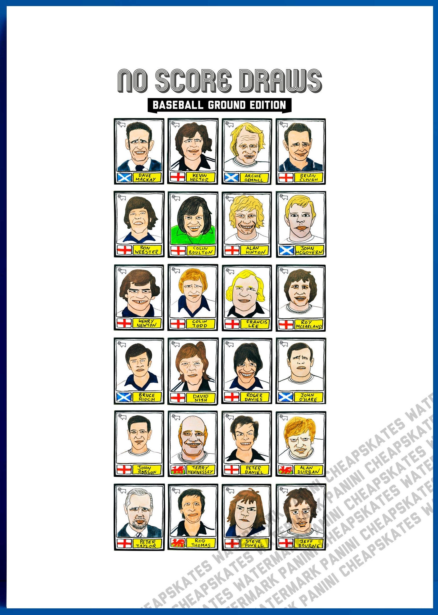 Derby County Vol 1 - No Score Draws Baseball Ground Edition - A3 print of 24 hand-drawn Panini-sticker-style Derby icons from 1971-1975