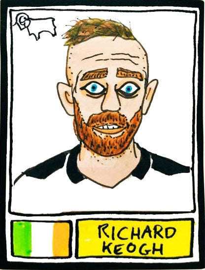 Derby County Vol 2 - No Score Draws Rams Edition - A3 print of 36 hand-drawn Panini-sticker-style Derby County icons from down the years