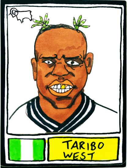 Derby County Vol 2 - No Score Draws Rams Edition - A3 print of 36 hand-drawn Panini-sticker-style Derby County icons from down the years