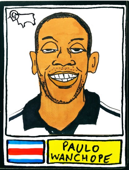Derby County Vol 2 - No Score Draws Rams Edition - A3 print of 36 hand-drawn Panini-sticker-style Derby County icons from down the years