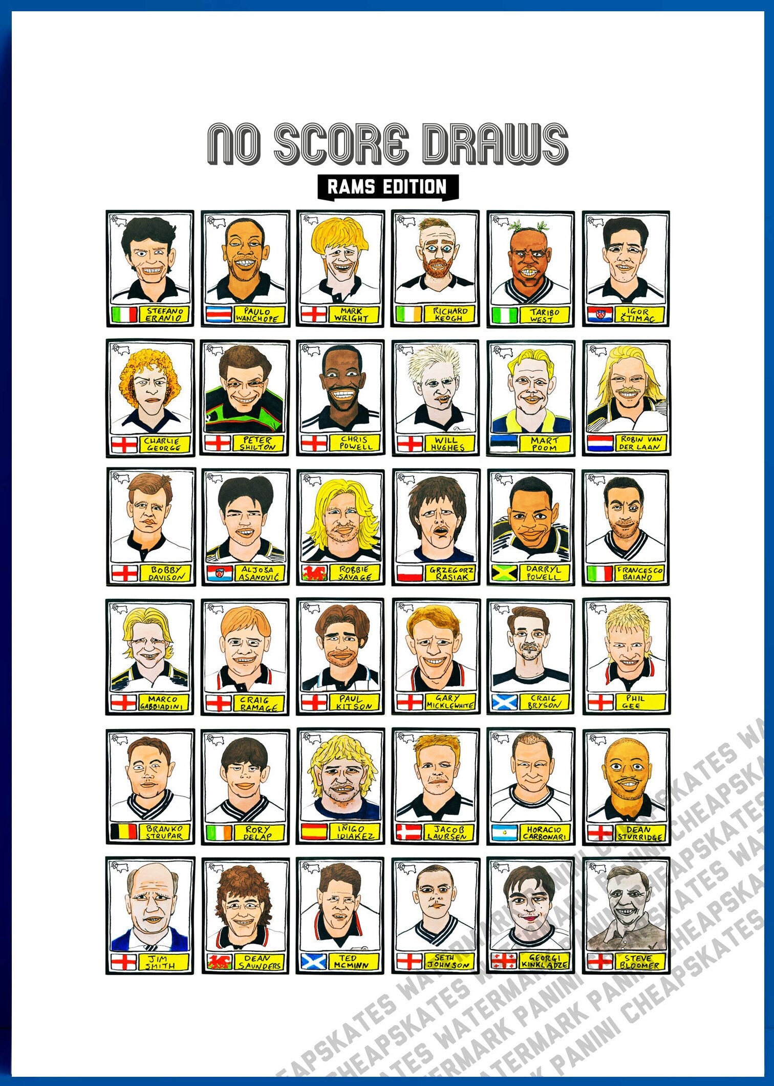 Derby County Vol 2 - No Score Draws Rams Edition - A3 print of 36 hand-drawn Panini-sticker-style Derby County icons from down the years