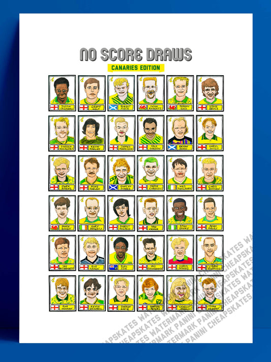 Norwich City Vol 1 - No Score Draws Canaries Edition - A3 print of 36 hand-drawn Panini-style football sticker legends - wonky football art