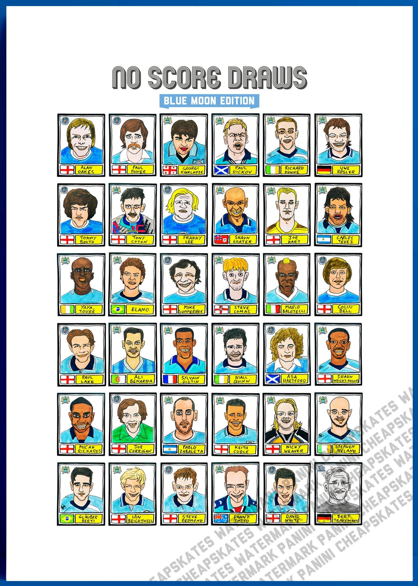 Man City Volume 2 - No Score Draws Blue Moon Edition - A3 print of 36 hand-drawn Panini-style footy cheapskate doodles of various MCFC icons