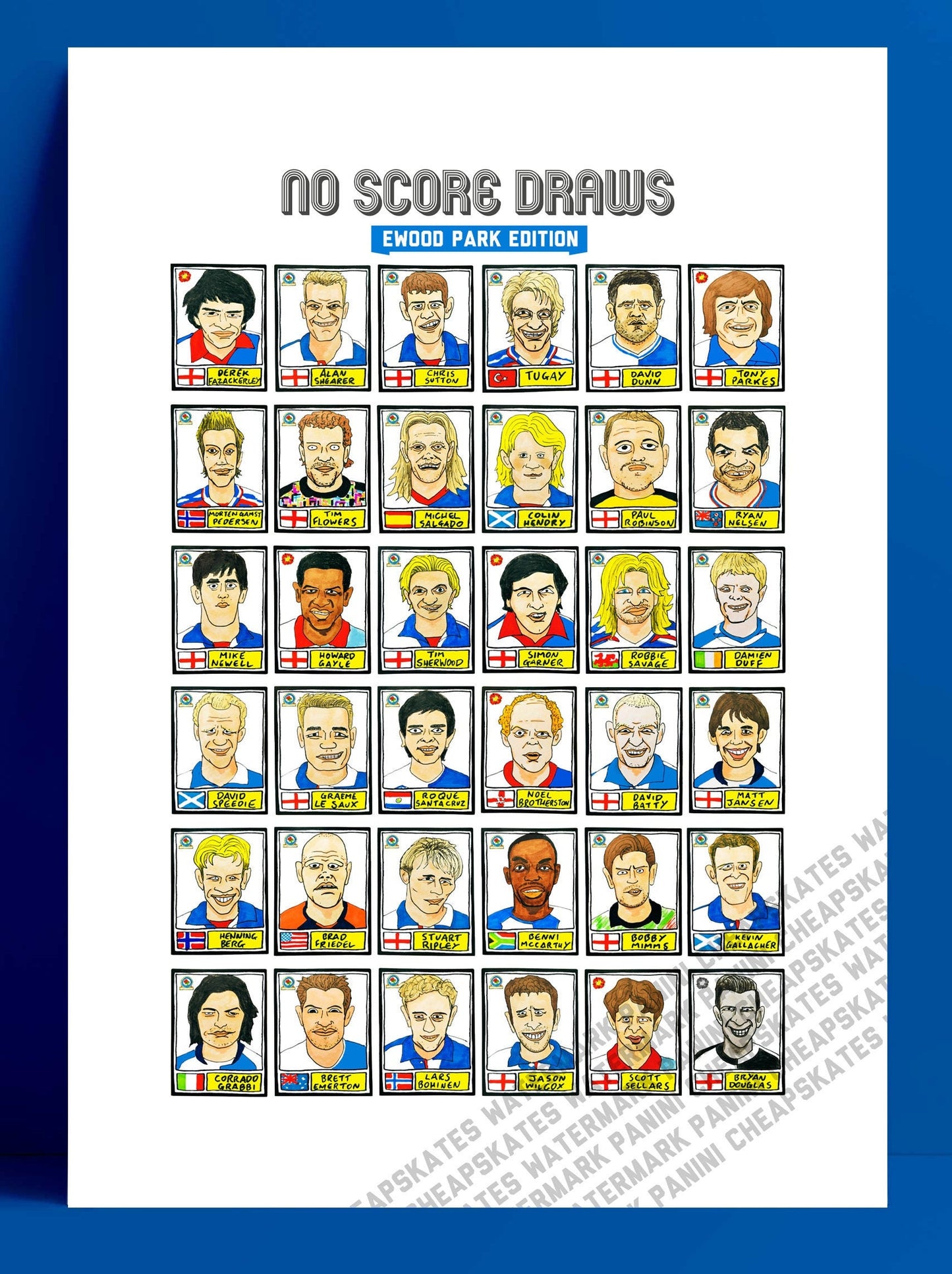 Blackburn Rovers - No Score Draws Ewood Park Edition - A3 print of 36 hand-drawn Panini-sticker-style BRFC icons - Cheapskate football art