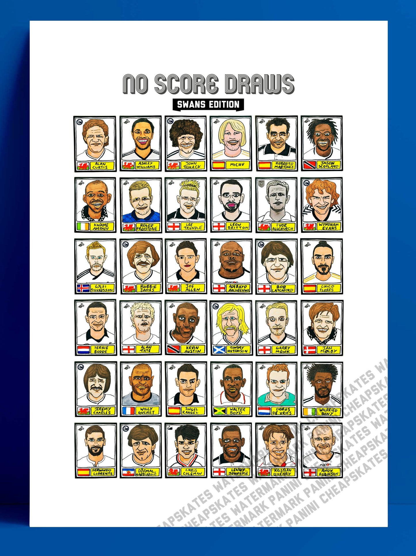 Swansea City - No Score Draws Swans Edition - A3 print of 36 hand-drawn Panini-style football sticker legends - Cheapskate football art