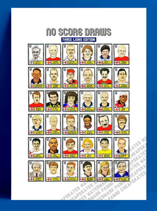 England Vol 1 - No Score Draws Three Lions Edition - A3 print of 36 hand-drawn Panini-style England football sticker icons - Wonky footy art