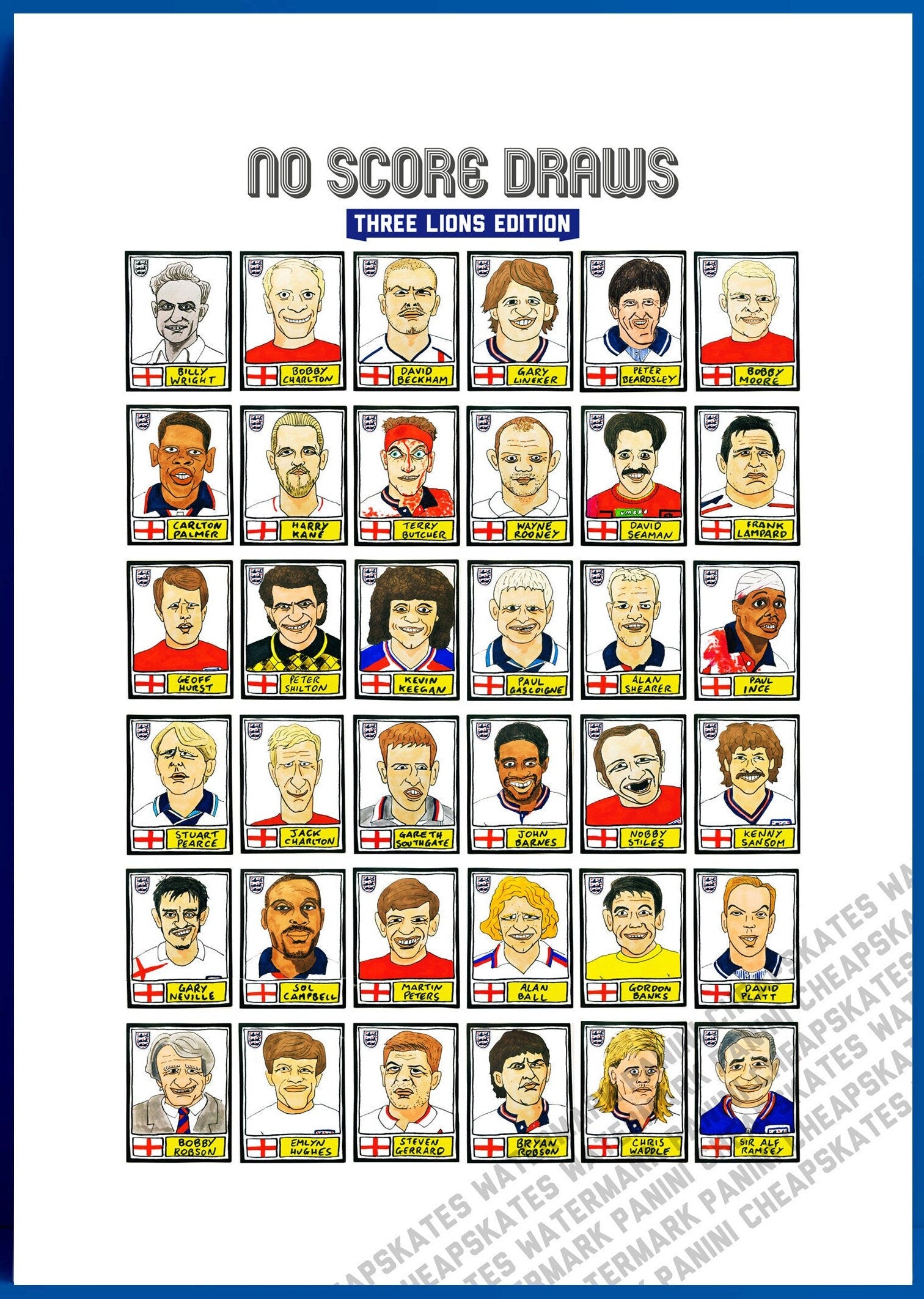 England Vol 1 - No Score Draws Three Lions Edition - A3 print of 36 hand-drawn Panini-style England football sticker icons - Wonky footy art