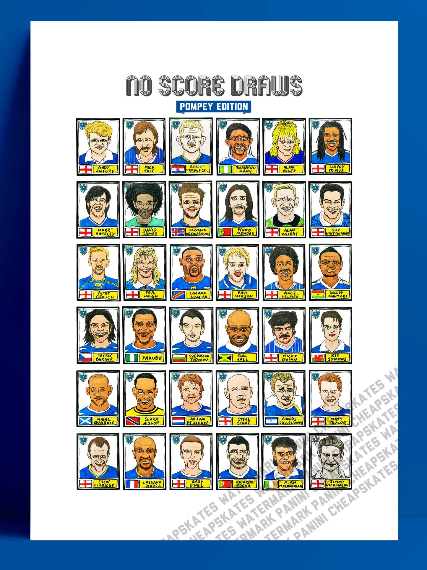 Portsmouth - No Score Draws Pompey Edition - A3 print of 36 hand-drawn Panini-sticker-style Pompey icons - Cheapskate football art