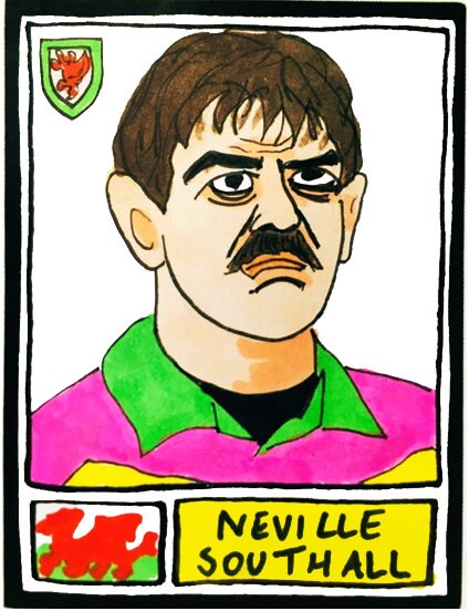 Wales - No Score Draws Cymru Edition - A3 print of 36 hand-drawn Panini-style Wales football icons - Cheapskate footy art