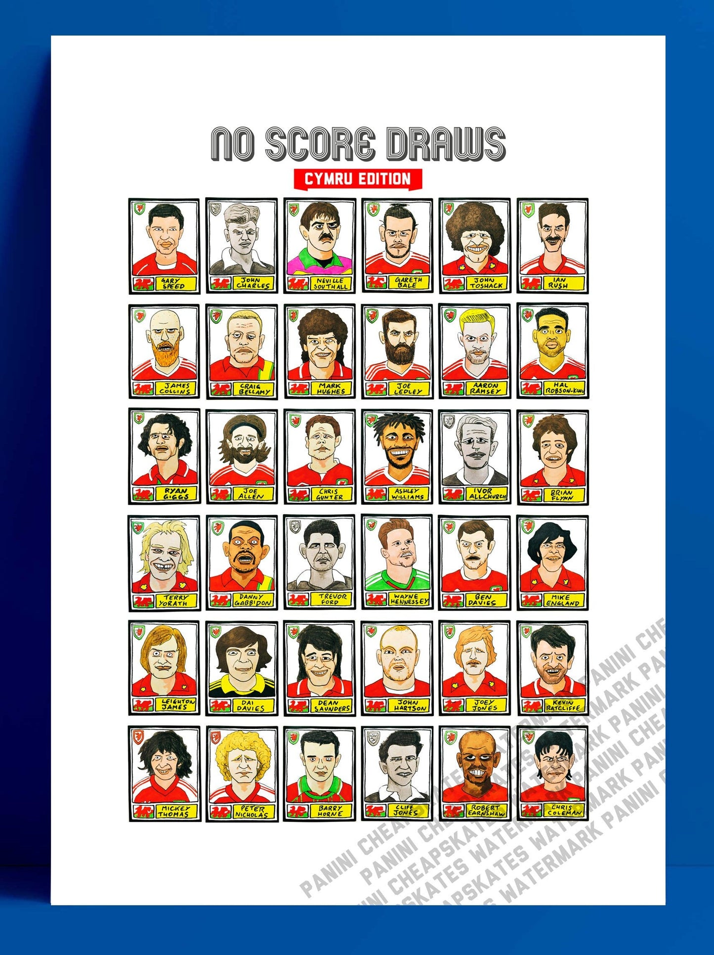 Wales - No Score Draws Cymru Edition - A3 print of 36 hand-drawn Panini-style Wales football icons - Cheapskate footy art
