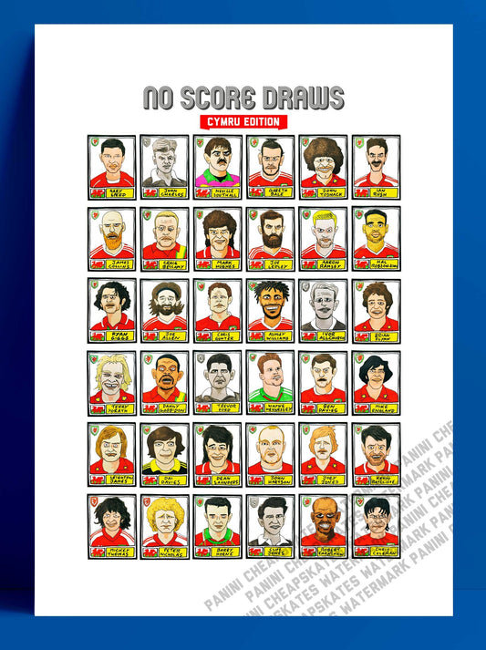 Wales - No Score Draws Cymru Edition - A3 print of 36 hand-drawn Panini-style Wales football icons - Cheapskate footy art