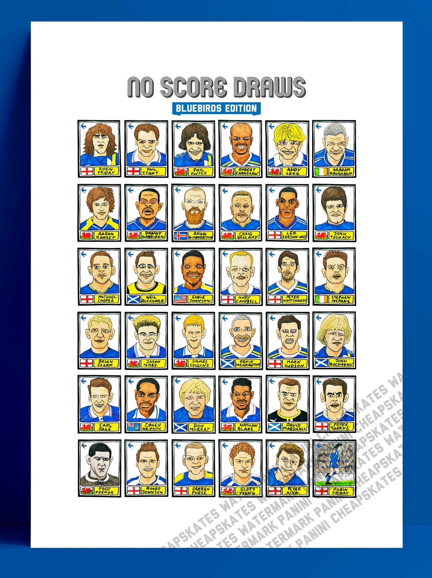 Cardiff City - No Score Draws Bluebirds Edition - A3 print of 36 hand-drawn Panini-style CCFC football sticker icons - Cheapskate footy art