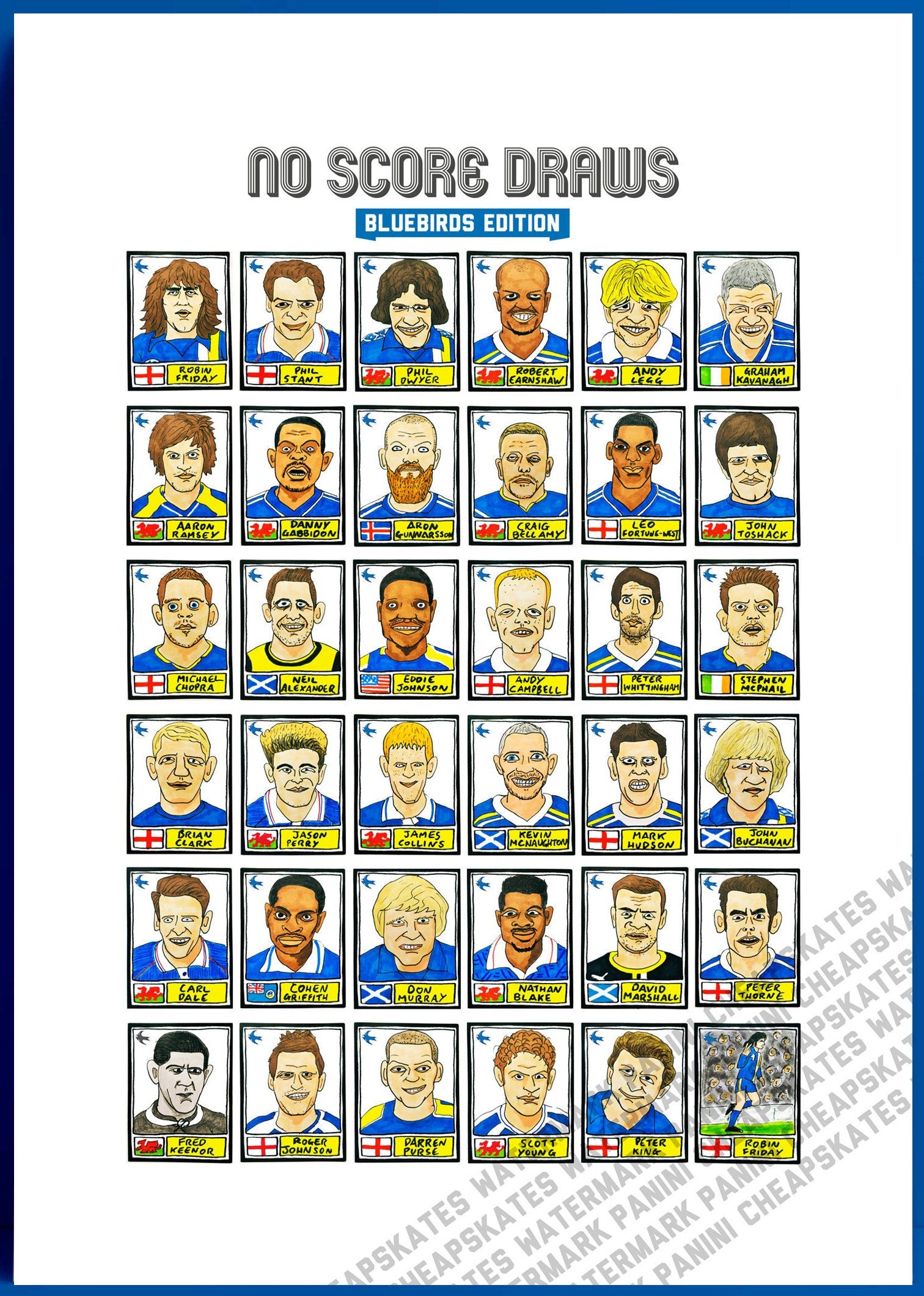 Cardiff City - No Score Draws Bluebirds Edition - A3 print of 36 hand-drawn Panini-style CCFC football sticker icons - Cheapskate footy art