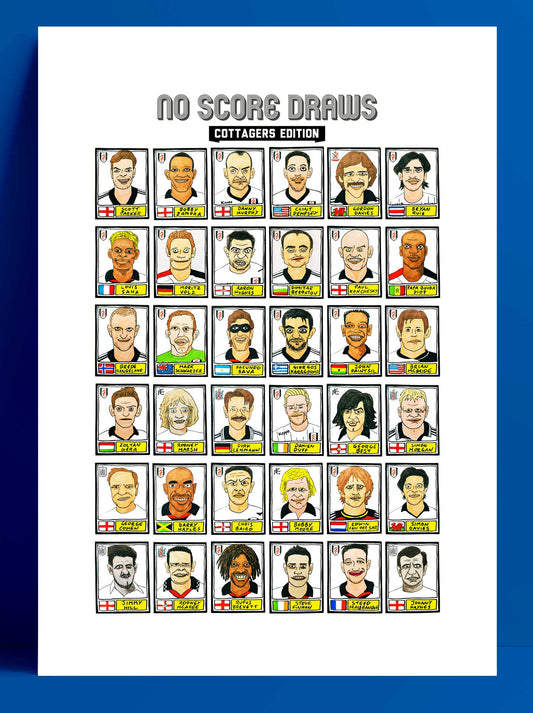 Fulham Volume 1 - No Score Draws Cottagers Edition - A3 print of 36 hand-drawn Panini-sticker-style Fulham icons - Cheapskate football art