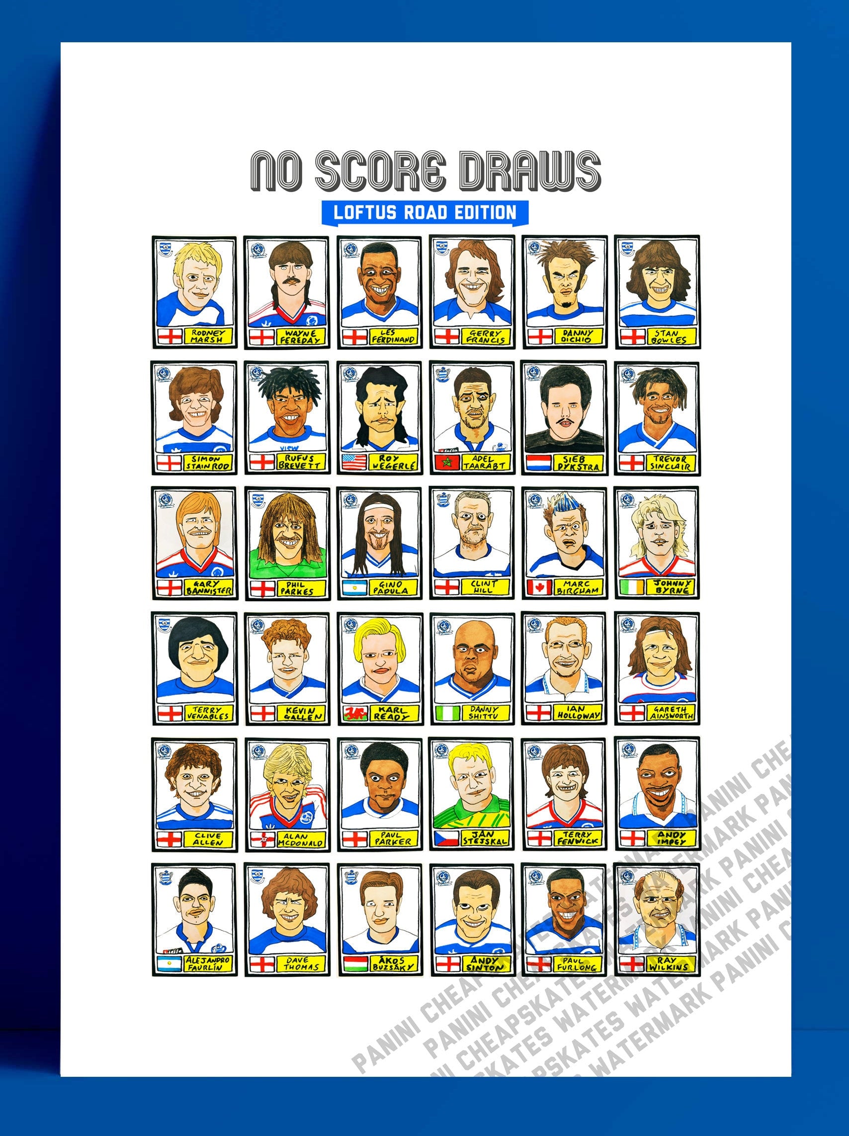 Queens Park Rangers - No Score Draws Loftus Road Edition - A3 print of 36 hand-drawn Panini-style QPR legends - Cheapskate football art