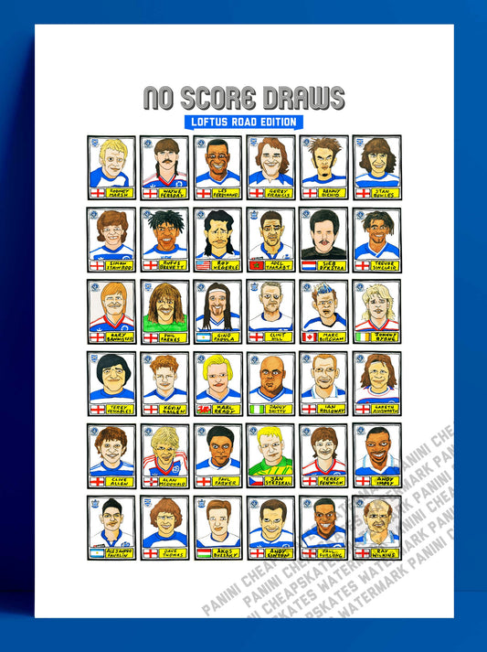 Queens Park Rangers - No Score Draws Loftus Road Edition - A3 print of 36 hand-drawn Panini-style QPR legends - Cheapskate football art