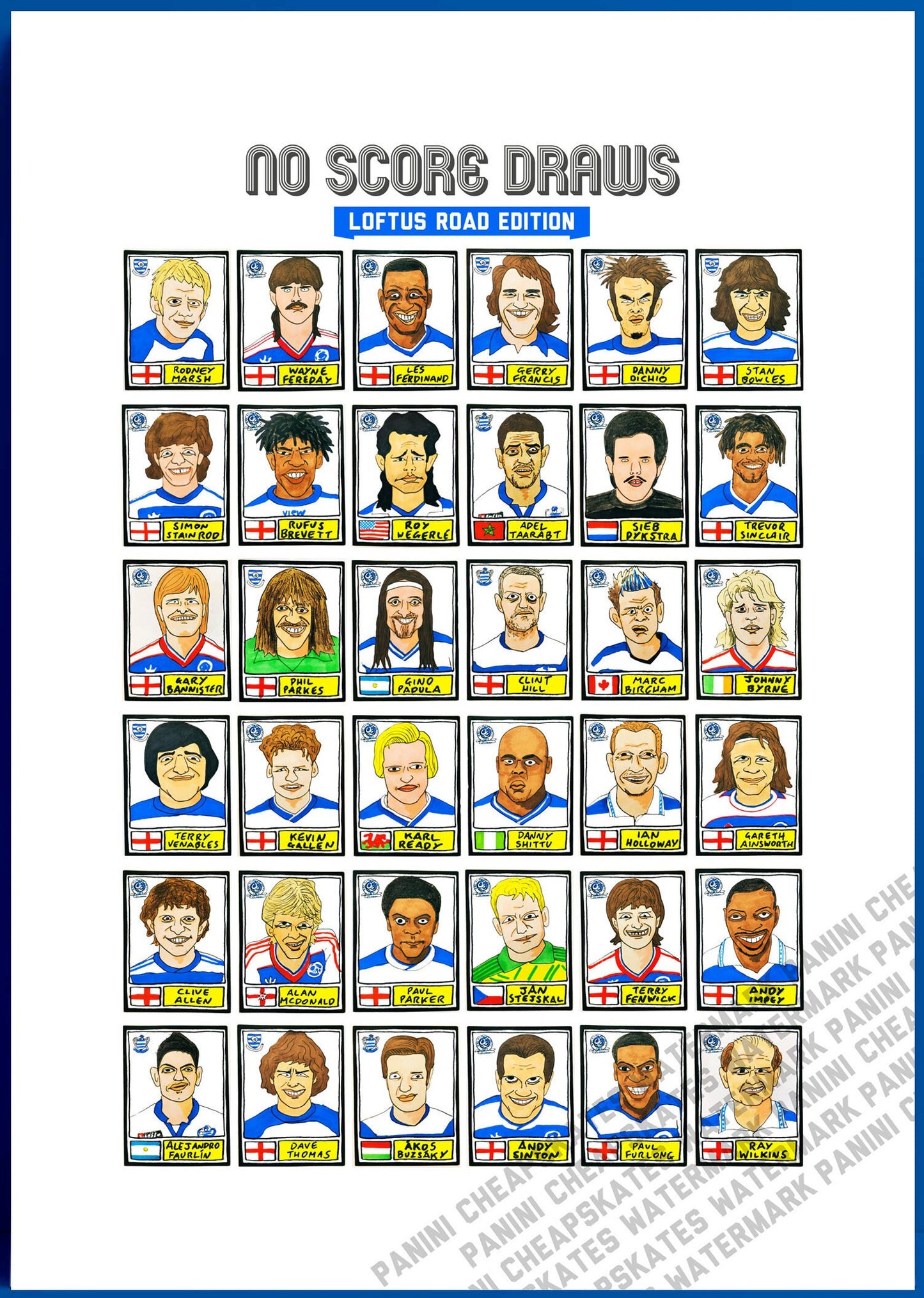 Queens Park Rangers - No Score Draws Loftus Road Edition - A3 print of 36 hand-drawn Panini-style QPR legends - Cheapskate football art