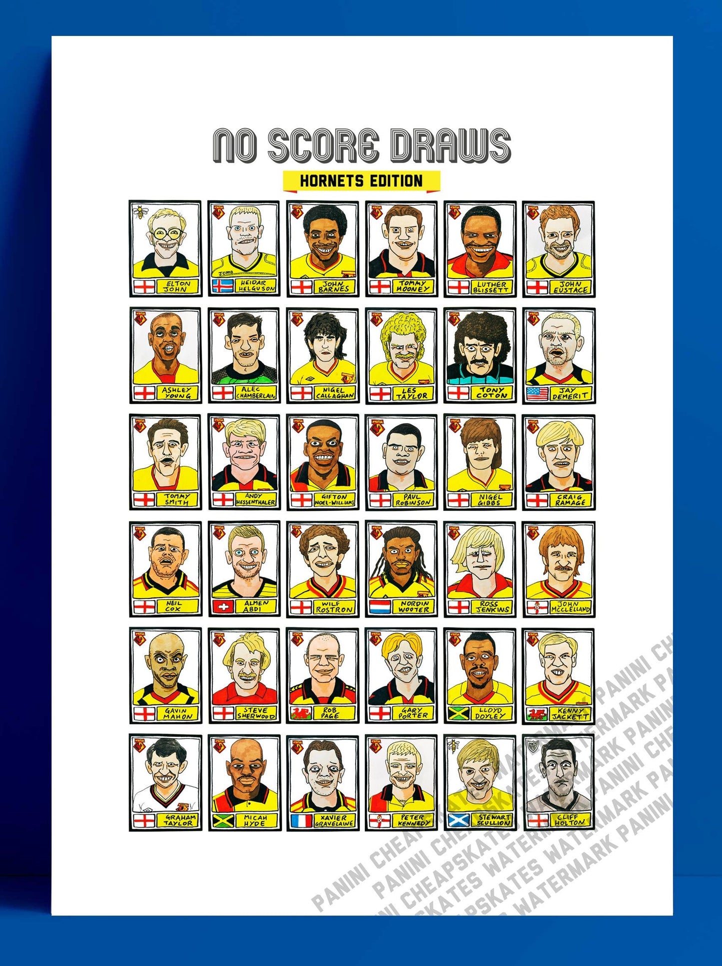 Watford - No Score Draws Hornets Edition - A3 print of 36 hand-drawn Panini-style football sticker legends - Cheapskate football art