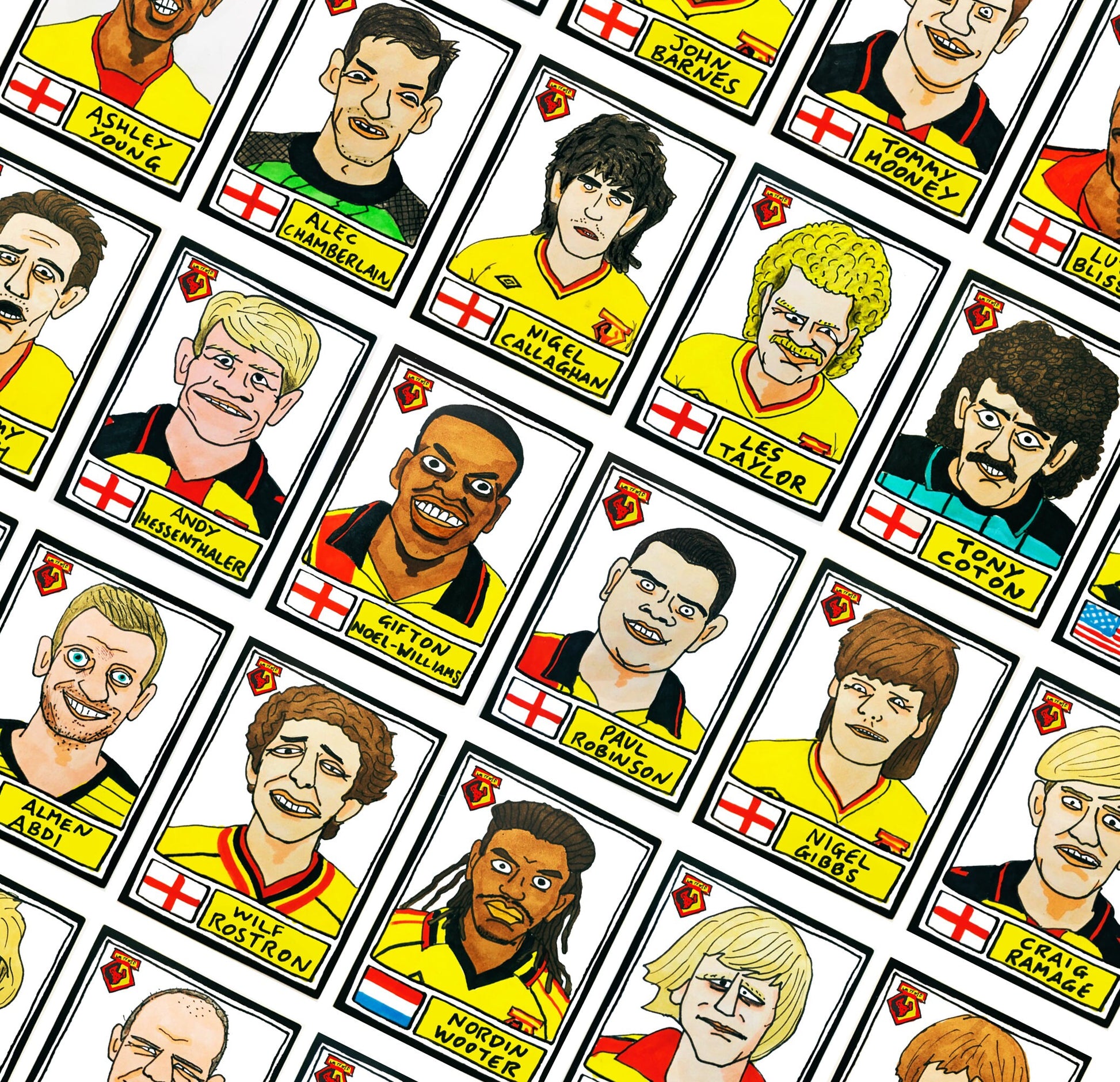 Watford - No Score Draws Hornets Edition - A3 print of 36 hand-drawn Panini-style football sticker legends - Cheapskate football art