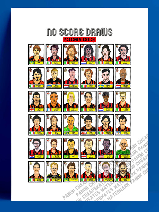 AC Milan - No Score Draws Rossoneri Edition - A3 print of 36 hand-drawn Panini-style football sticker legends - Cheapskate football art