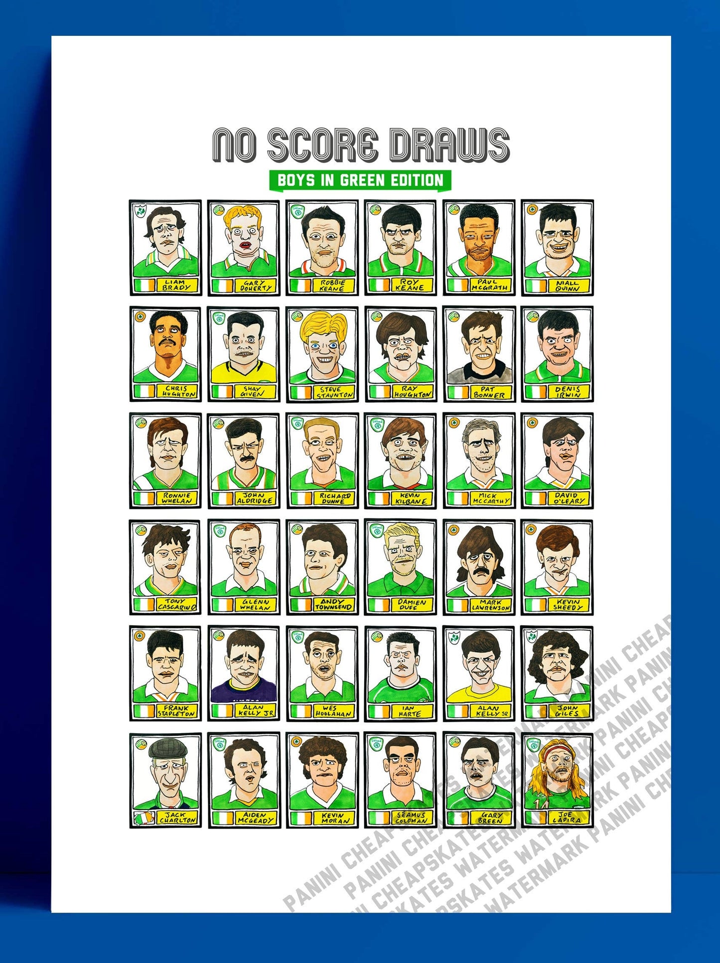 Ireland - No Score Draws Boys In Green Edition - A3 print of 36 hand-drawn Panini-style Rep of Ireland football icons - Cheapskate footy art