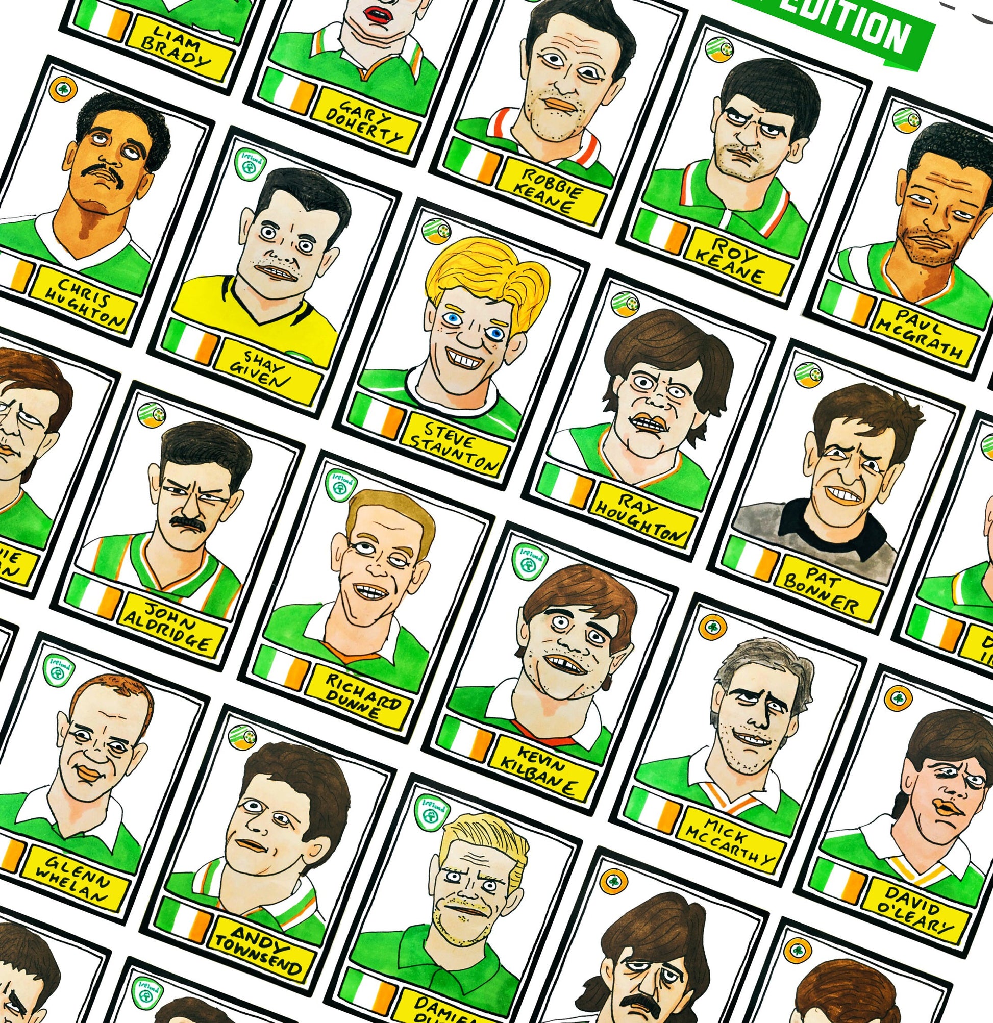 Ireland - No Score Draws Boys In Green Edition - A3 print of 36 hand-drawn Panini-style Rep of Ireland football icons - Cheapskate footy art